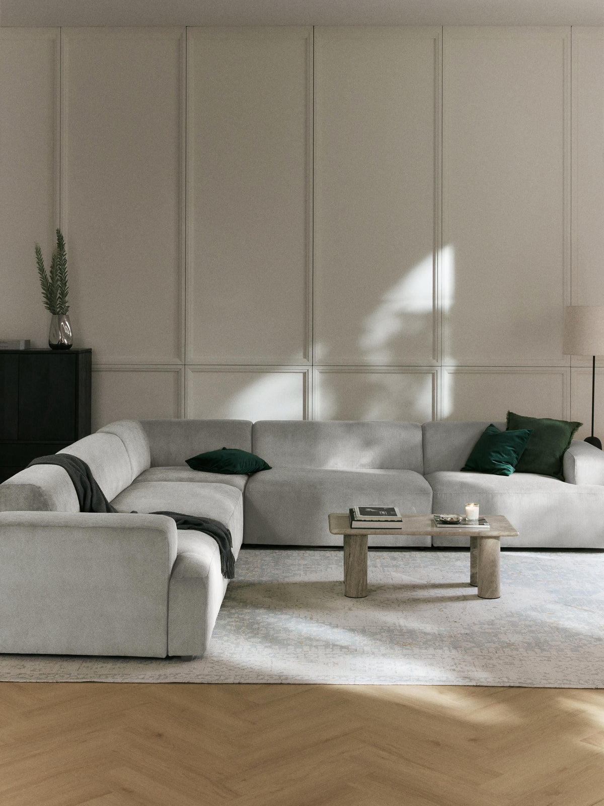 Melva Corduroy Corner Sofa (4-seater) — Stone Grey