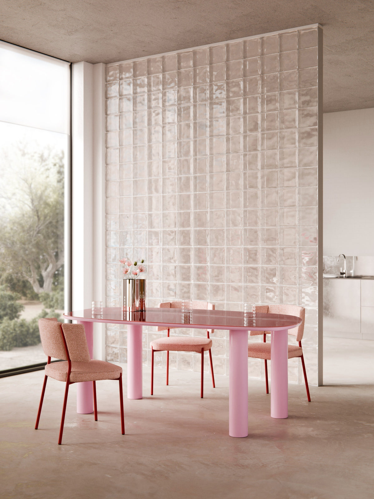 Beni Organic Dining Table with Glass Top, 200 x 110 cm — Blush