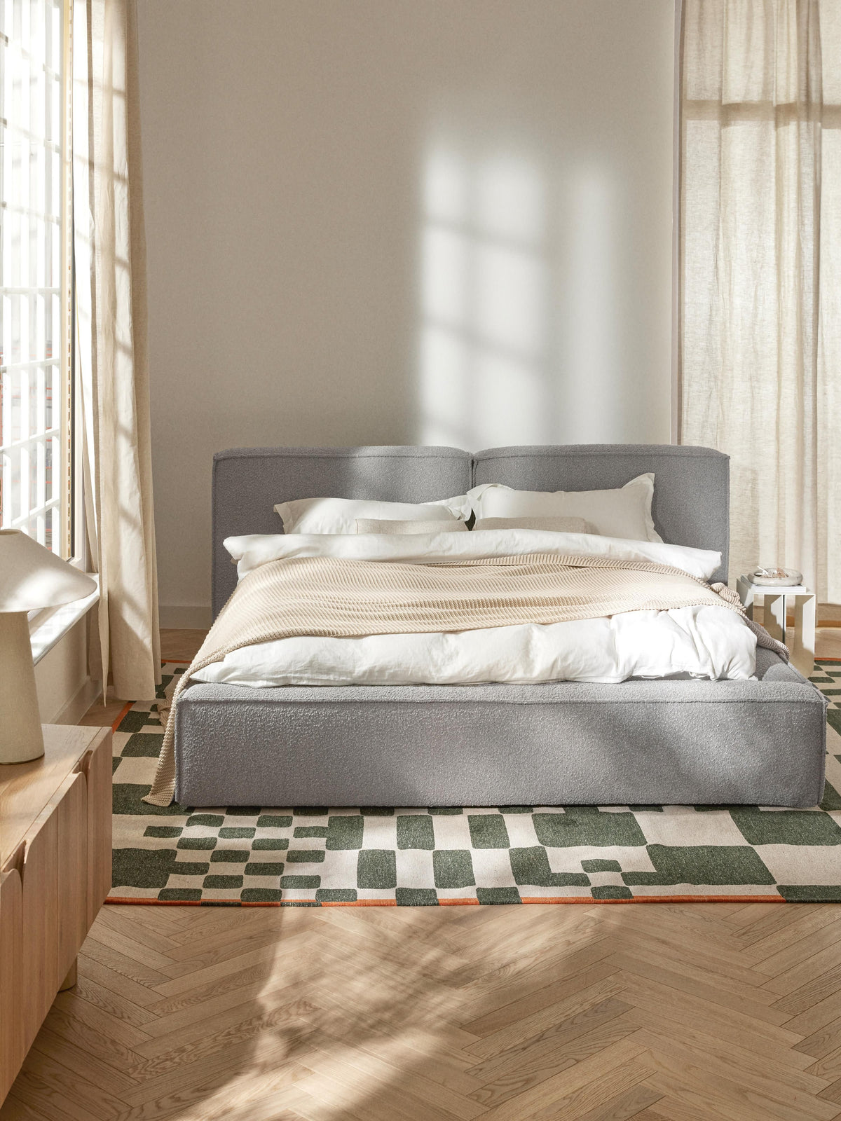 Lennon Bouclé Upholstered Bed — Light Grey