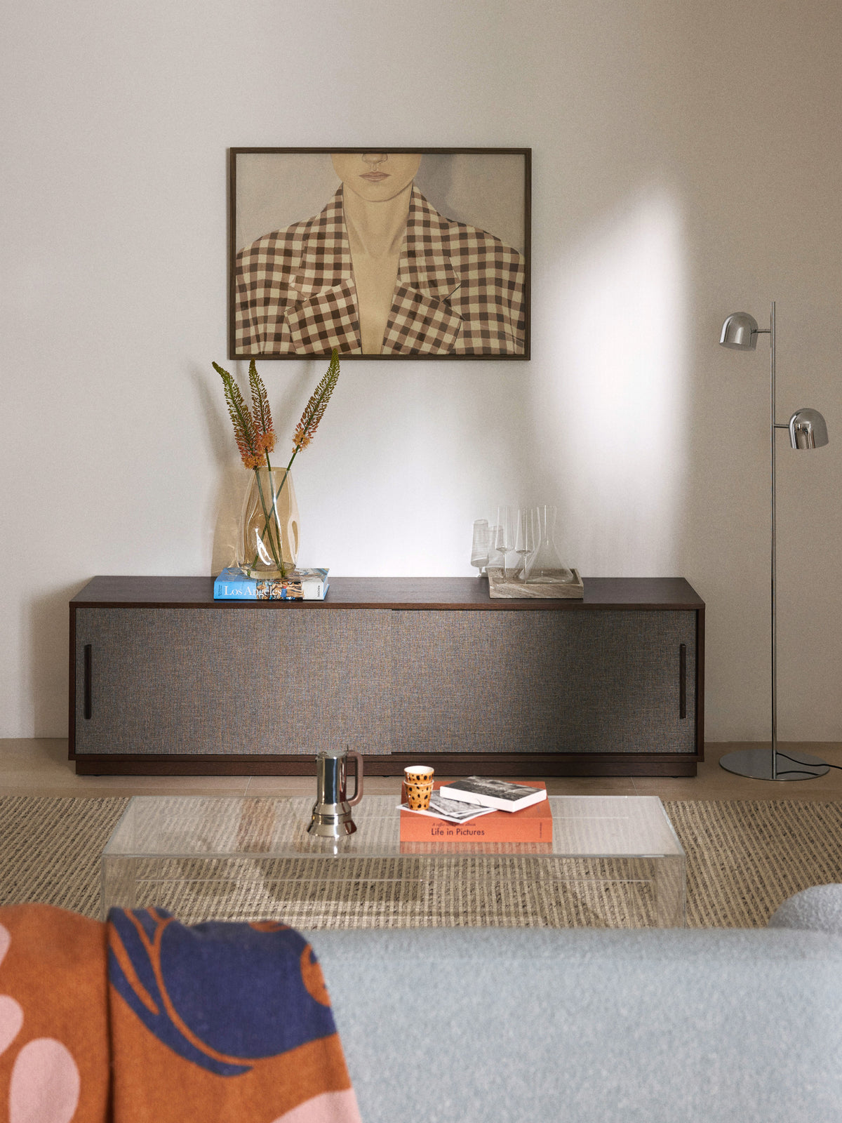 Wisp Wood-TV-Lowboard with Upholstered Front — Dark Grey