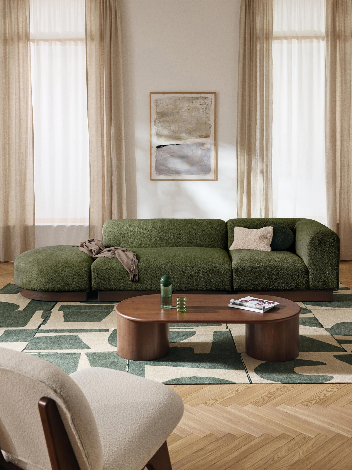 Natalie Modular Ottoman in Teddy Bouclé with Ottoman (left/right) — Khaki
