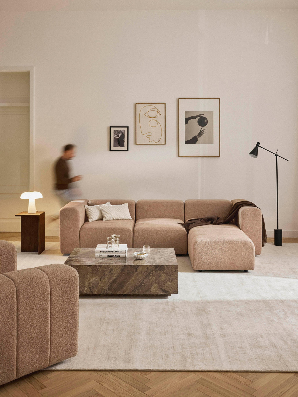 Lena Modular Bouclé Sofa (4-seater) with Ottoman (left/right) — Warm Grey